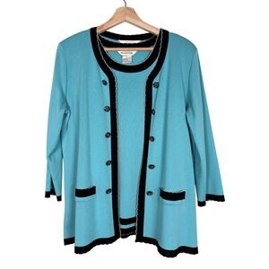 Misook Turquoise Black‎ 2 pc Button Front Long Sleeve Cardigan Sweater Women's L